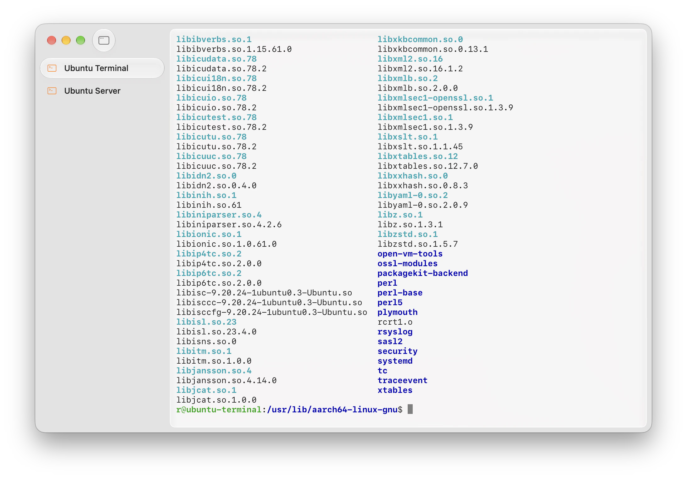 Terminal window with Ubuntu Terminal and Ubuntu Server tabs in the left sidebar and a Linux library listing.
